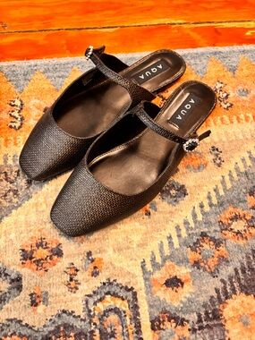 Aqua Black Textured Square-Toe Slingback Mules with Jeweled Buckle